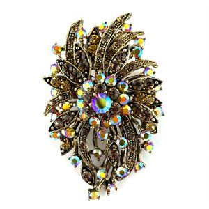 Vintage Brooch Pin Gold Tone Yellow Brown Rhinestones